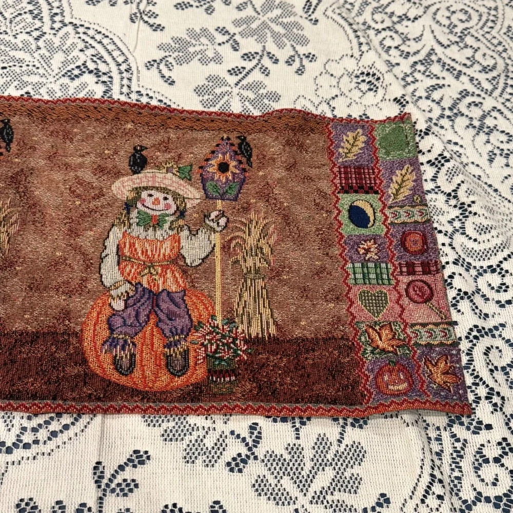 Scarecrow on Pumpkin Tapestry Table Runner Halloween Autumn‎ Fall Harvest